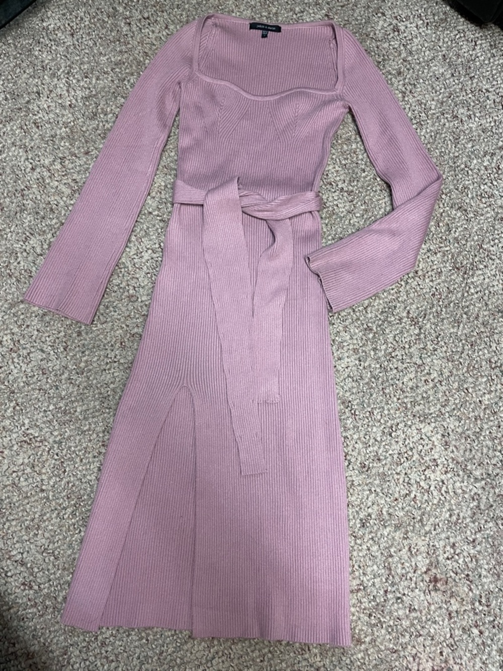 Judith & Charles Pink knit Ribbed Long Sleeve Belted Midi Dress with slit